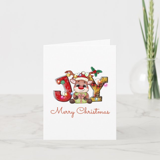 Cute Merry Christmas Calf Joy Santa Hat Holly Star Holiday Card (Front)