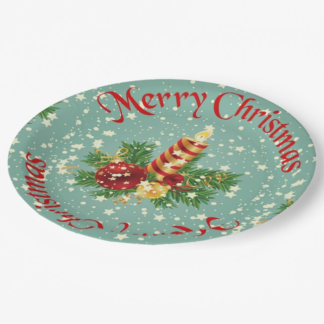 Cute Merry Christmas Candle And Sparkles Paper Plate (Angled)