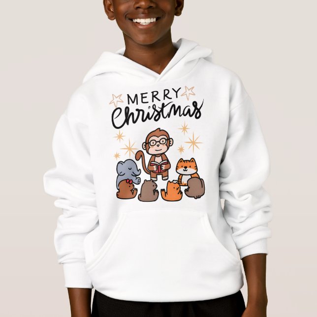 "Cute Merry Christmas Cartoon Hoodie for Boys" (Front)