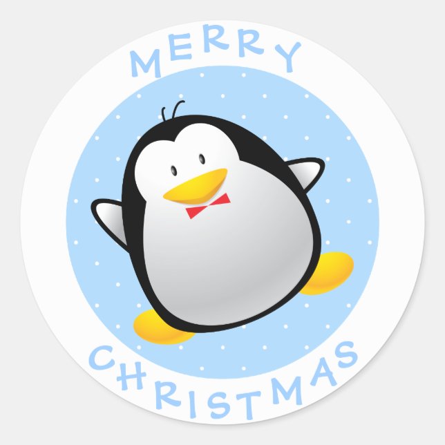 Cute Merry Christmas Cartoon Penguin Classic Round Sticker (Front)