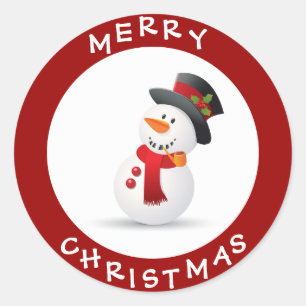 Cute Merry Christmas Cartoon Snowman Classic Round Sticker