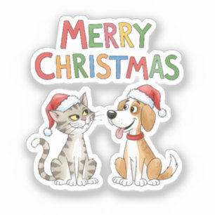 Cute Merry Christmas Cat and Dog with Santa Hats