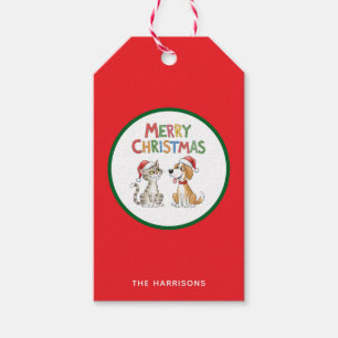 Cute Merry Christmas Cat and Dog with Santa Hats Gift Tags
