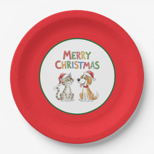 Cute Merry Christmas Cat and Dog with Santa Hats  Paper Plate