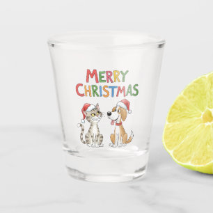 Cute Merry Christmas Cat and Dog with Santa Hats Shot Glass