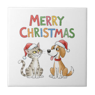 Cute Merry Christmas Cat and Dog with Santa Hats Tile