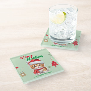 Cute merry Christmas cat kitty Santa Scarf holiday Glass Coaster