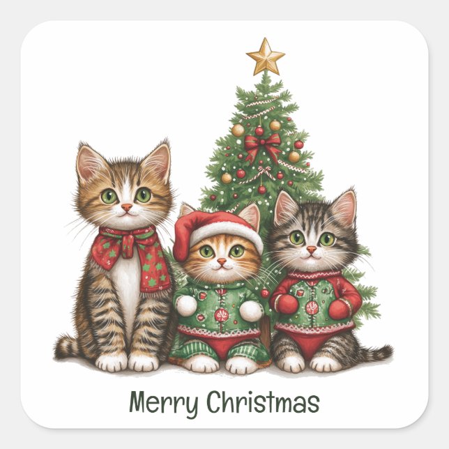 Cute Merry Christmas Cats Square Sticker (Front)