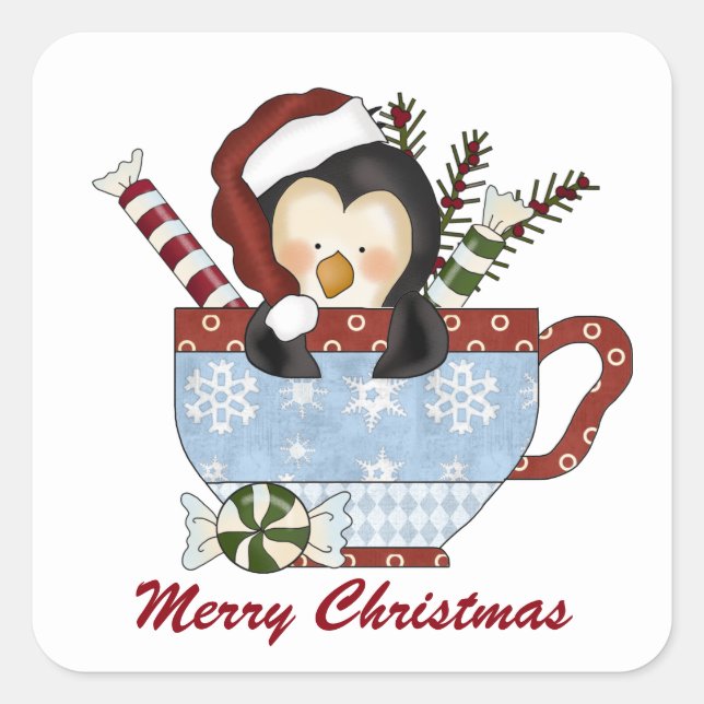 Cute Merry Christmas cocoa penguin sticker (Front)