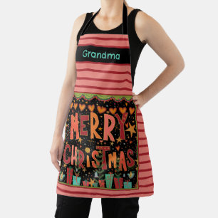 Cute Merry Christmas Customised Name Pink Stripe Apron