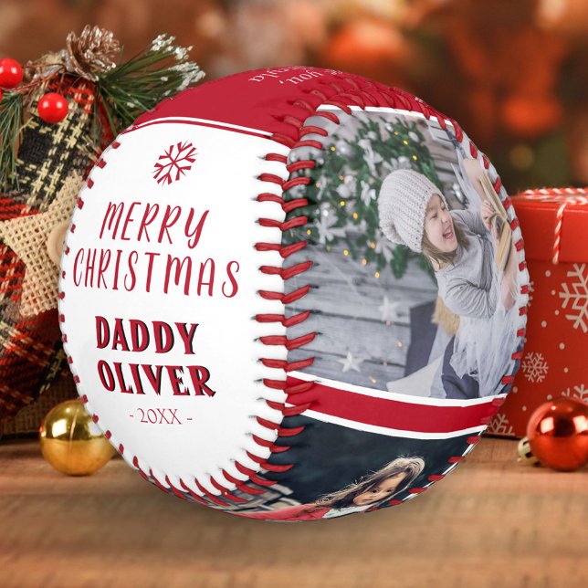 Cute Merry Christmas Daddy 3 Photo Collage Baseball (Creator Uploaded)