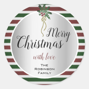 Cute Merry Christmas Design Silver with Mistletoe Classic Round Sticker