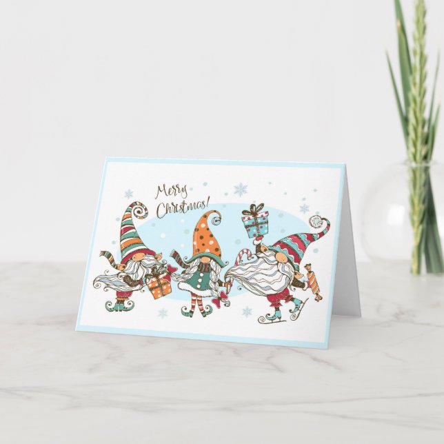 Cute Merry Christmas Elves Gnomes Watercolor Fun P Card (Front)