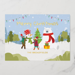 Cute Merry Christmas Family Custom Gold Foil Holiday Card