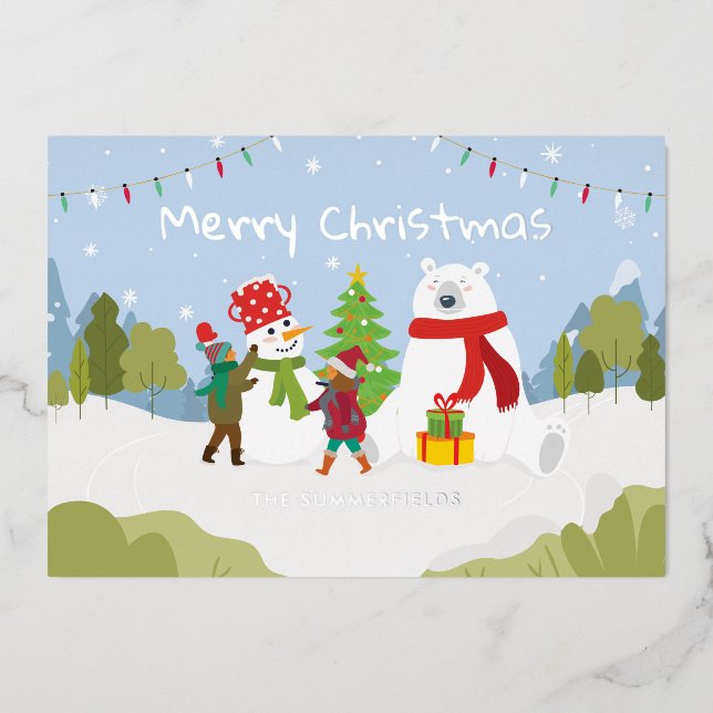 Cute Merry Christmas Family Custom Silver Foil Holiday Card (Front)