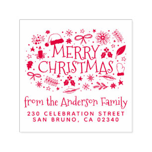 Cute Merry Christmas Family Name & Return Address Self-inking Stamp