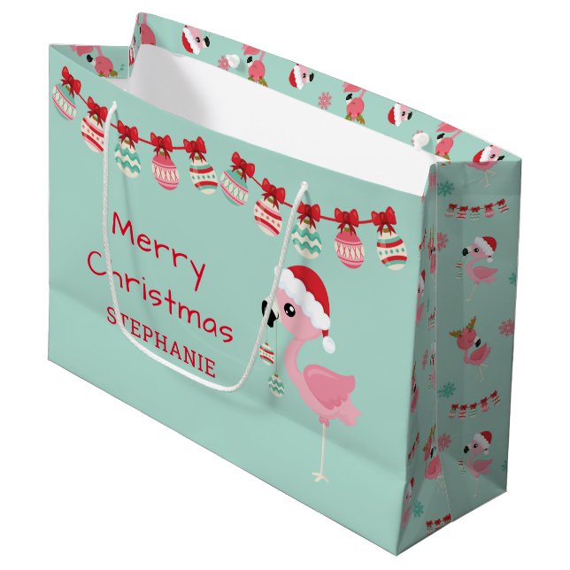 Cute Merry Christmas Flamingo Ornaments Large Gift Bag (Front Angled)