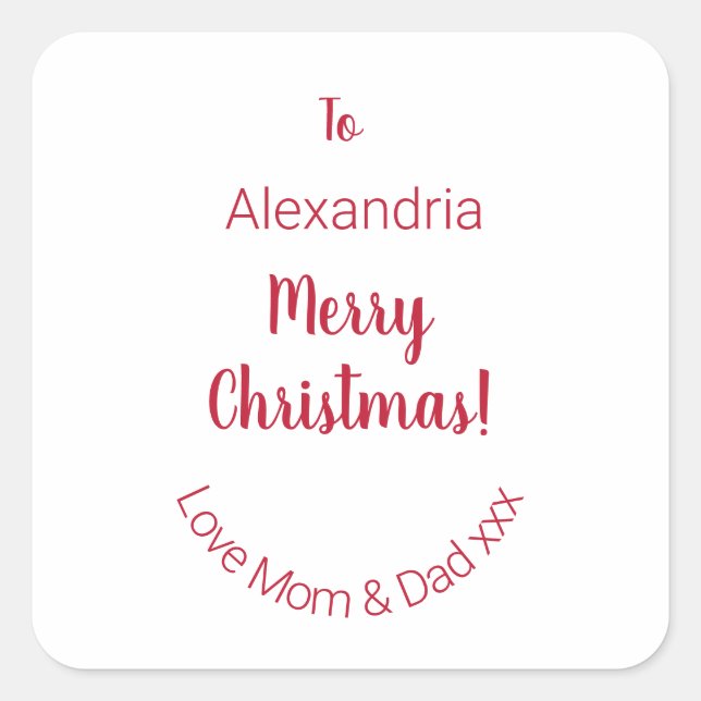 Cute Merry Christmas From Mum and Dad Minimal Square Sticker (Front)