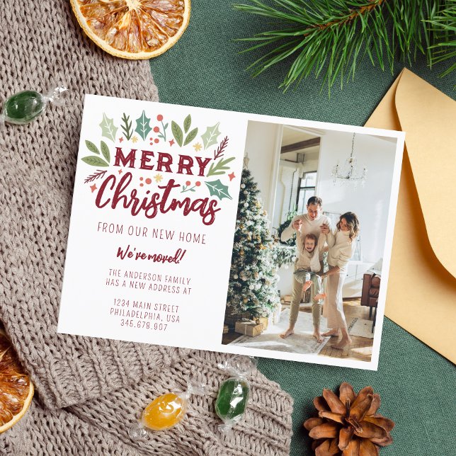Cute Merry Christmas From New Home Photo Moving Announcement Postcard (Creator Uploaded)