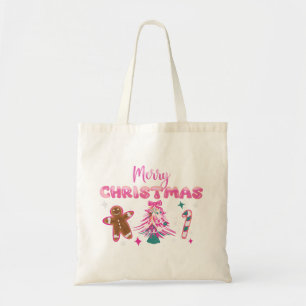 Cute Merry Christmas Gingerbread and Candy Design Tote Bag