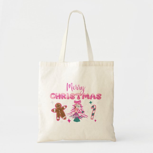 Cute Merry Christmas Gingerbread and Candy Design Tote Bag (Front)
