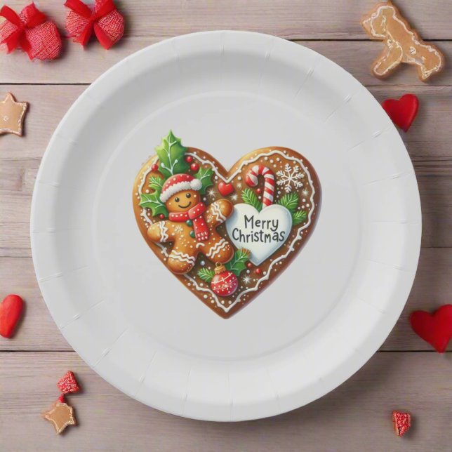 Cute Merry Christmas Gingerbread Man Heart Paper Plate (Creator Uploaded)