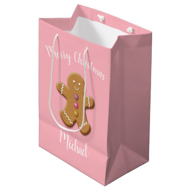 Cute Merry Christmas gingerbread man personalised Medium Gift Bag (Front Angled)