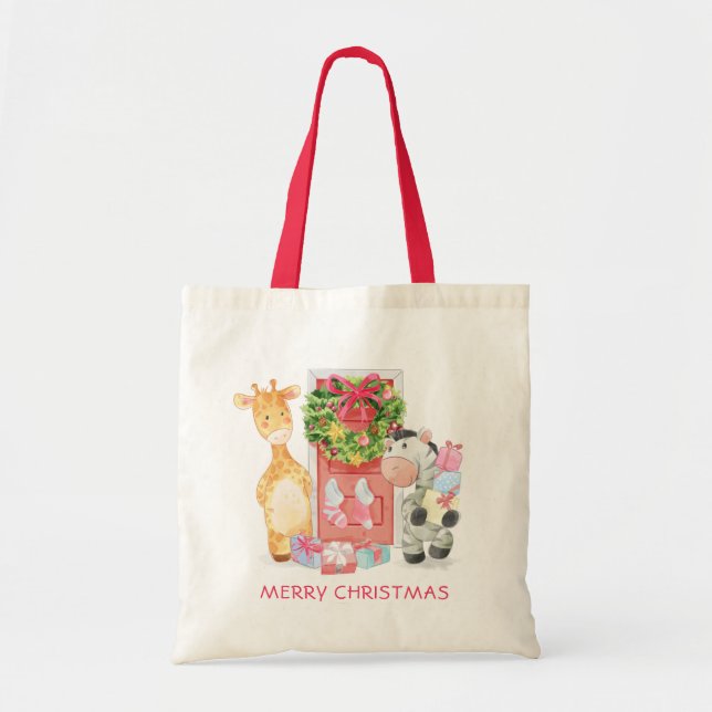 Cute Merry Christmas Giraffe Zebra Personalized Tote Bag (Front)