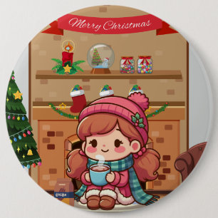Cute Merry Christmas girl with cocoa 6 Cm Round Badge