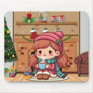 Cute Merry Christmas girl with cocoa Mouse Mat