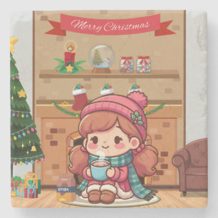 Cute Merry Christmas girl with cocoa Stone Coaster