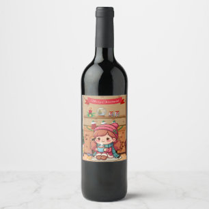 Cute Merry Christmas girl with cocoa  Wine Label