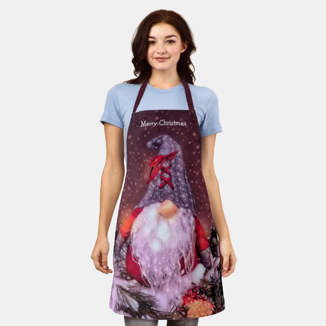 Cute Merry Christmas Gnome Holiday Tree Apron (Worn)