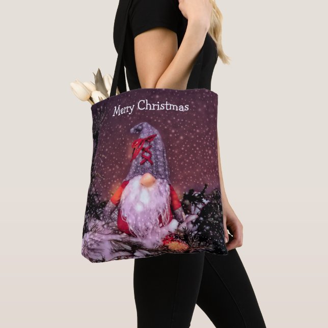 Cute Merry Christmas Gnome Holiday Tree Tote Bag (Close Up)
