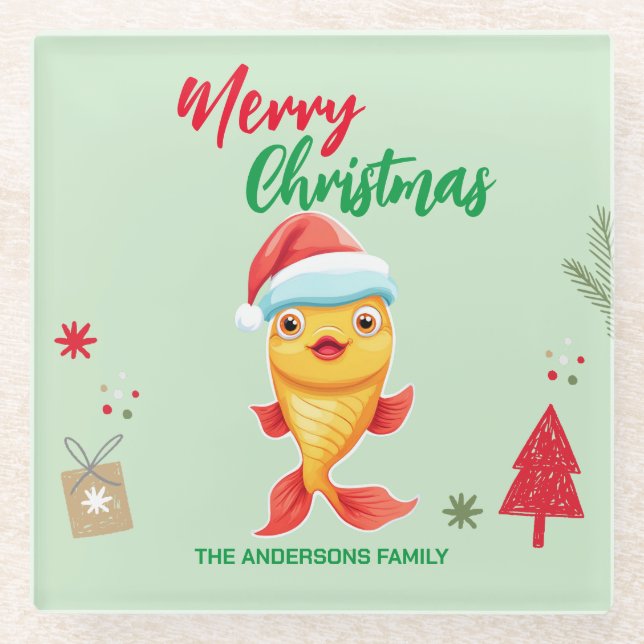Cute merry Christmas gold fish Santa Scarf holiday Glass Coaster (Front)