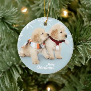 Cute Merry Christmas golden retriever puppies  Ceramic Tree Decoration