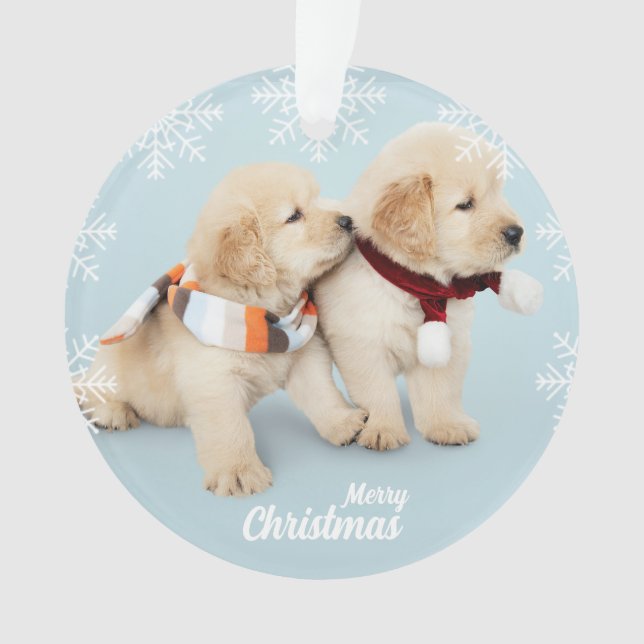 Cute Merry Christmas golden retriever puppies Orna Ornament (Front)
