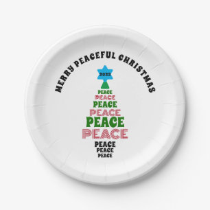 Cute Merry Christmas Green and Red Peace Tree Paper Plate