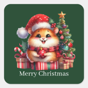 Cute Merry Christmas hamster customisable  Square Sticker