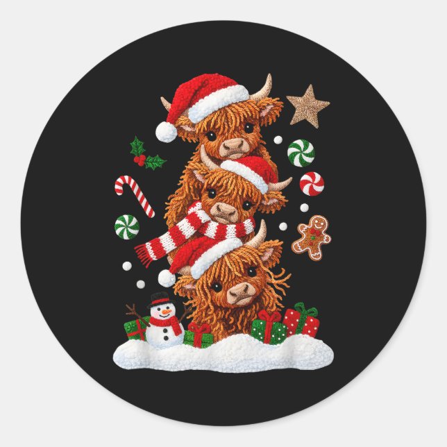 Cute Merry Christmas Highland Cow Christmas Santa  Classic Round Sticker (Front)
