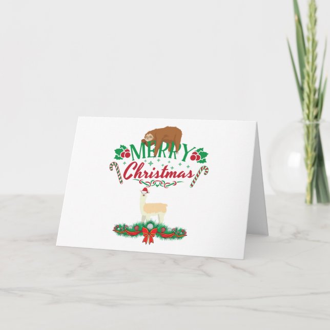 Cute Merry Christmas Llama Sloth Happy Holidays Holiday Card (Front)