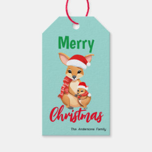 Cute merry Christmas Mum Kid Kangaroo Santa Scarf Gift Tags