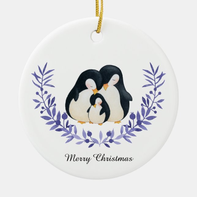 Cute Merry Christmas Penguin Family Ceramic Tree Decoration (Front)