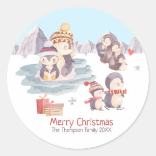 Cute Merry Christmas Penguin Family Playing Snow Classic Round Sticker