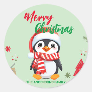 Cute merry Christmas penguin Santa Scarf holiday  Classic Round Sticker