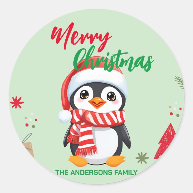 Cute merry Christmas penguin Santa Scarf holiday  Classic Round Sticker (Front)