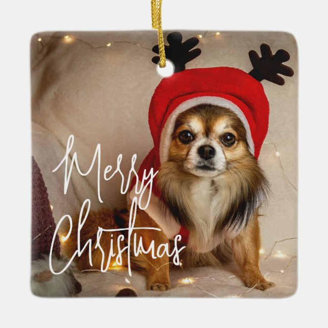 Cute Merry Christmas Pet Photo Ceramic Ornament (Front)