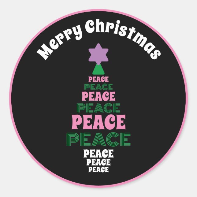 Cute Merry Christmas Pink and Green Peace Tree Classic Round Sticker (Front)