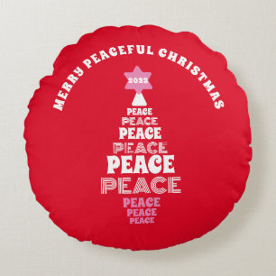 Cute Merry Christmas Pink and Red Peace Tree Round Cushion