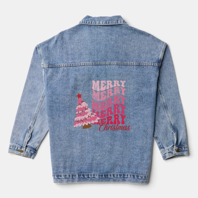Cute Merry Christmas Pink Retro Xmas Tree Holiday Denim Jacket (Back)
